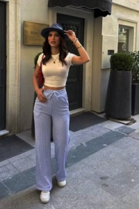 Su Yolu Çizgili Cepli Pantolon - Açık Mavi