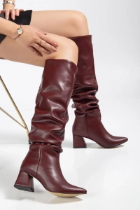 SYT-2002 Bordo Cilt  Körüklü Kalın Topuklu Günlük Bayan Çizme