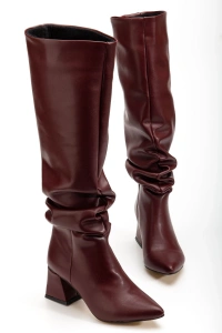 SYT-2002 Bordo Cilt  Körüklü Kalın Topuklu Günlük Bayan Çizme