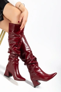 SYT-2002 Bordo Kırışık Rugan Körüklü Kalın Topuklu Günlük Bayan Çizme