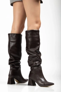 SYT-2002 Kahve Körüklü Kalın Topuklu Günlük Bayan Çizme