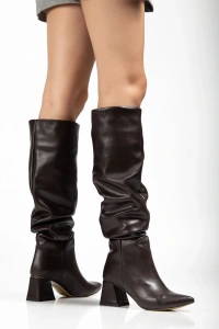 SYT-2002 Kahve Körüklü Kalın Topuklu Günlük Bayan Çizme