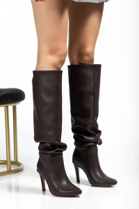 SYT-2003 Kahve Körüklü İnce Topuklu Günlük Bayan Çizme