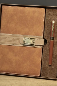 Taba Rengi Termo Deri Defter Ve Metal Roller Kalem Seti