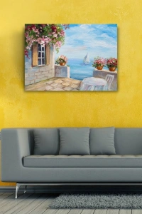 Taş Balkon, Deniz ve Yelkenli Yağlıboya Kanvas Tablo 50 x 70