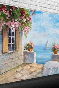 Taş Balkon, Deniz ve Yelkenli Yağlıboya Kanvas Tablo 50 x 70