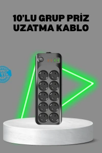 Termal Akım Korumalı 10’lu Grup Priz USB Type-C Hızlı Şarj 2500W 2m Kablo
