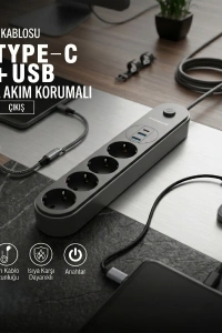 Termal Akım Korumalı 4 Prizli USB Girişli Uzatma Kablosu