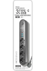 Termal Akım Korumalı 4 Prizli USB Girişli Uzatma Kablosu
