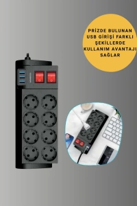Termal Korumalı 8 Prizli 3 USB’li Uzatma Kablosu