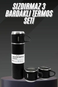 Termos Seti Paslanmaz Çelik 3 Bardaklı Vakumlu Termos Set 500 Ml 12 Saate Kadar Isı Koruma