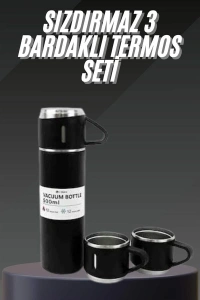 Termos Seti Paslanmaz Çelik 3 Bardaklı Vakumlu Termos Set 500 Ml 12 Saate Kadar Isı Koruma