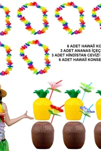 Tropikal Hawaii Parti Malzemeleri – Kolye, Pipet, Bardak Seti