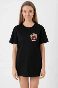 Türk Arma Baskılı Oversize Bisiklet Yaka Günlük T-shirt - Siyah