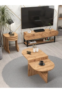 Tv Sehpası Ünitesi Tekli Orta Sehpa 3Lü Zigon Sehpa Set Üç Ürün Atlantik Çam