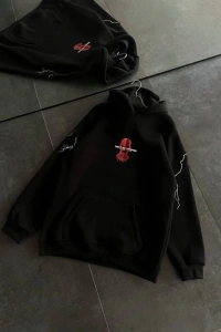 Üç İplik Kapşonlu Baskılı Oversize SweatShirt- Siyah