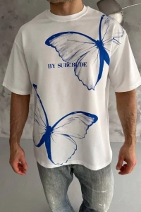 Unisex Bisiklet Yaka Baskılı Oversize T-Shirt - Beyaz