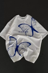 Unisex Bisiklet Yaka Baskılı Oversize T-Shirt - Beyaz