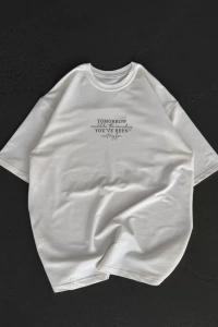 Unisex Bisiklet Yaka Baskılı Oversize T-Shirt - Beyaz