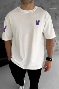 Unisex Bisiklet Yaka Baskılı Oversize T-Shirt - Beyaz