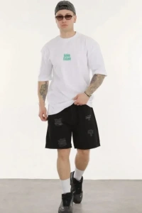 Unisex Bisiklet Yaka Baskılı Oversize T-Shirt - Beyaz