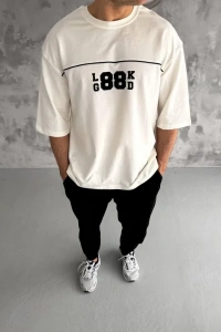 Unisex Bisiklet Yaka Baskılı Oversize T-Shirt - Beyaz