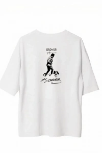 Unisex Bisiklet Yaka Baskılı Oversize T-Shirt - Beyaz