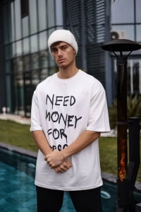 Unisex Bisiklet Yaka Baskılı Oversize T-Shirt - Beyaz