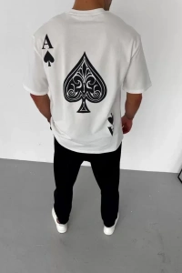 Unisex Bisiklet Yaka Baskılı Oversize T-Shirt - Beyaz