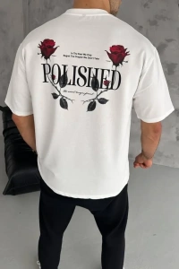 Unisex Bisiklet Yaka Baskılı Oversize T-Shirt - Beyaz