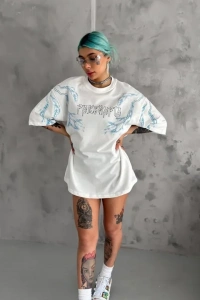 Unisex Bisiklet Yaka Baskılı Oversize T-Shirt - Beyaz