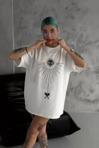 Unisex Bisiklet Yaka Baskılı Oversize T-Shirt - Beyaz