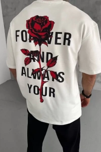 Unisex Bisiklet Yaka Baskılı Oversize T-Shirt - Beyaz