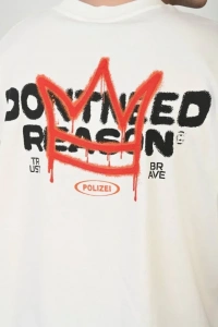 Unisex Bisiklet Yaka Baskılı Oversize T-Shirt - Beyaz