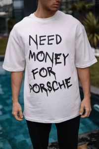 Unisex Bisiklet Yaka Baskılı Oversize T-Shirt - Beyaz