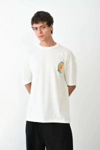 Unisex Bisiklet Yaka Baskılı Oversize T-Shirt - Beyaz