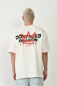 Unisex Bisiklet Yaka Baskılı Oversize T-Shirt - Beyaz