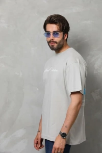 Unisex Bisiklet Yaka Baskılı Oversize T-Shirt - Gri