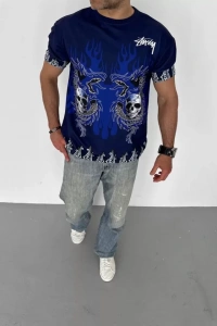 Unisex Bisiklet Yaka Baskılı Oversize T-Shirt - Lacivert