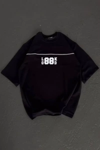 Unisex Bisiklet Yaka Baskılı Oversize T-Shirt - Siyah