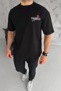 Unisex Bisiklet Yaka Baskılı Oversize T-Shirt - Siyah