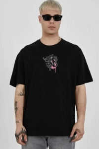 Unisex Bisiklet Yaka Baskılı Oversize T-Shirt - Siyah