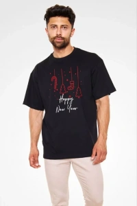 Unisex Bisiklet Yaka Baskılı Oversize T-Shirt - Siyah