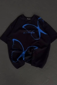 Unisex Bisiklet Yaka Baskılı Oversize T-Shirt - Siyah