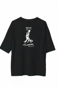 Unisex Bisiklet Yaka Baskılı Oversize T-Shirt - Siyah