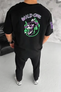 Unisex Bisiklet Yaka Baskılı Oversize T-Shirt - Siyah