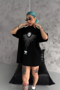 Unisex Bisiklet Yaka Baskılı Oversize T-Shirt - Siyah