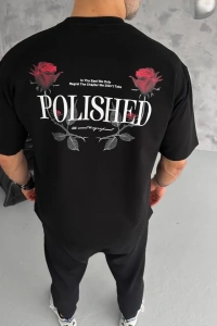 Unisex Bisiklet Yaka Baskılı Oversize T-Shirt - Siyah