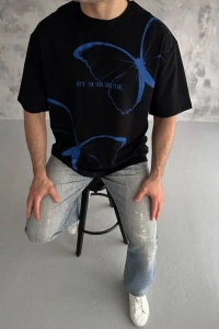 Unisex Bisiklet Yaka Baskılı Oversize T-Shirt - Siyah