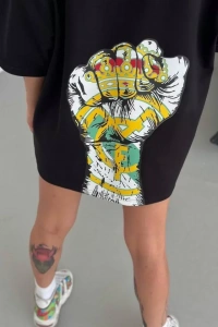 Unisex Bisiklet Yaka Baskılı Oversize T-Shirt - Siyah